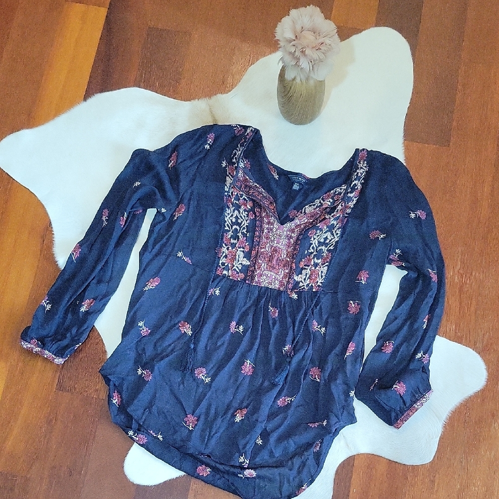 LUCKY Floral Navy Women's Long Slv Blouse M